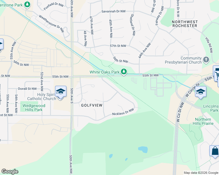 map of restaurants, bars, coffee shops, grocery stores, and more near 5419 Nicklaus Drive Northwest in Rochester