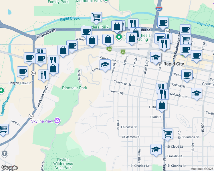 map of restaurants, bars, coffee shops, grocery stores, and more near 1219 South Street in Rapid City