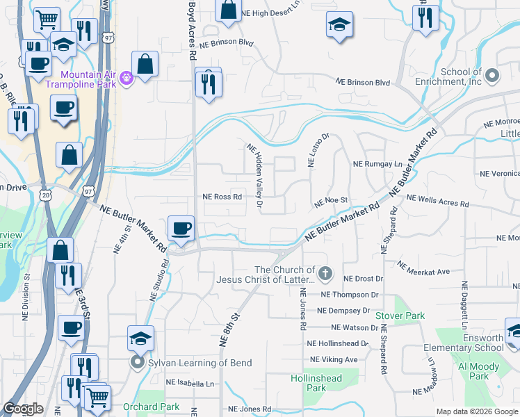map of restaurants, bars, coffee shops, grocery stores, and more near 947 Northeast Hidden Valley Drive in Bend