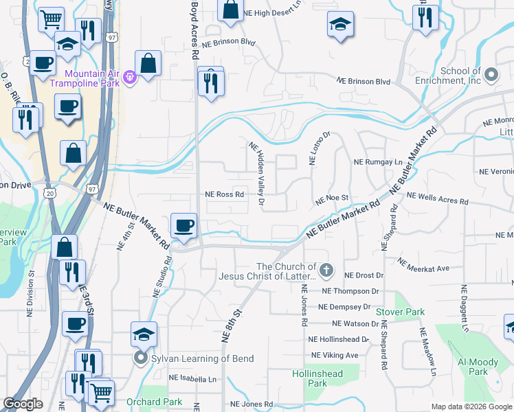 map of restaurants, bars, coffee shops, grocery stores, and more near 947 Northeast Hidden Valley Drive in Bend