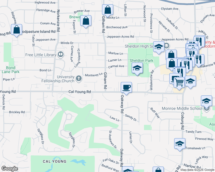 map of restaurants, bars, coffee shops, grocery stores, and more near 2105 Roland Way in Eugene