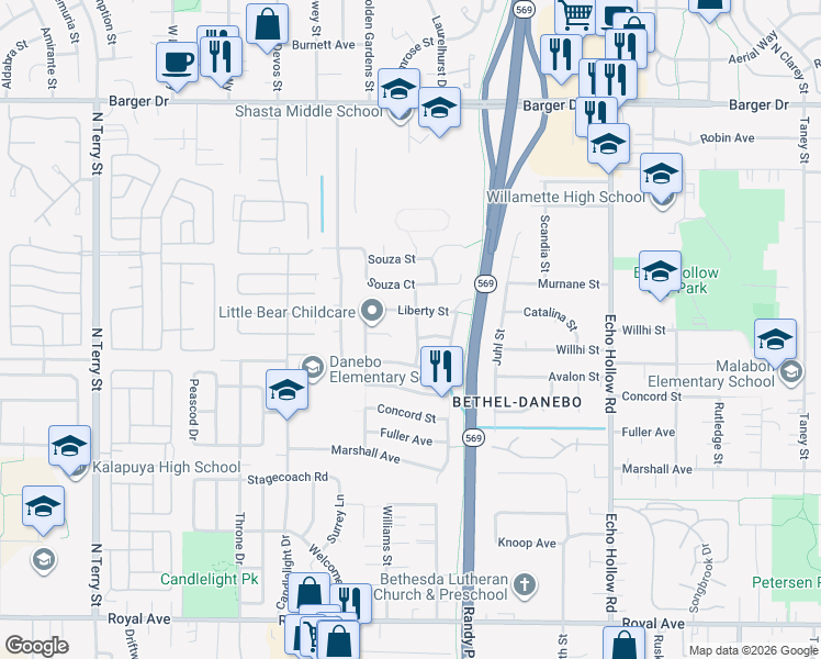 map of restaurants, bars, coffee shops, grocery stores, and more near 1531 Philip Street in Eugene