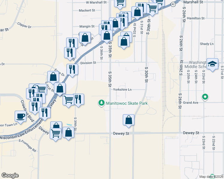 map of restaurants, bars, coffee shops, grocery stores, and more near 705 Viebahn Street in Manitowoc