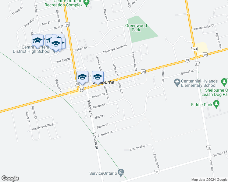 map of restaurants, bars, coffee shops, grocery stores, and more near Andrew Street in Shelburne