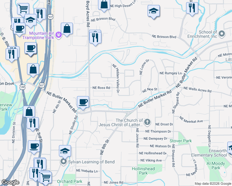 map of restaurants, bars, coffee shops, grocery stores, and more near 947 Northeast Hidden Valley Drive in Bend