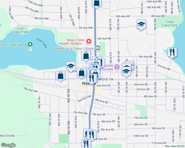 map of restaurants, bars, coffee shops, grocery stores, and more near in Waseca