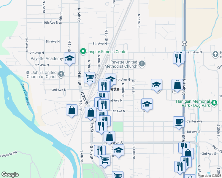 map of restaurants, bars, coffee shops, grocery stores, and more near in Payette