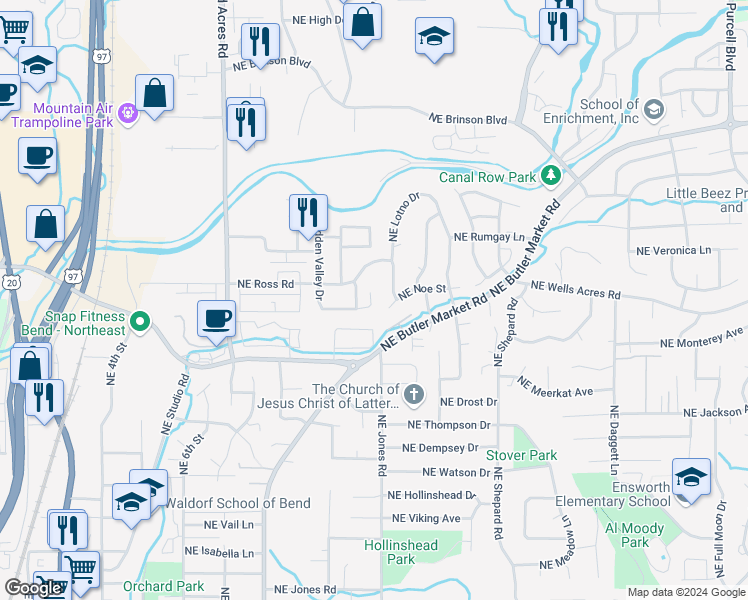 map of restaurants, bars, coffee shops, grocery stores, and more near 1115 Northeast Hidden Valley Drive in Bend