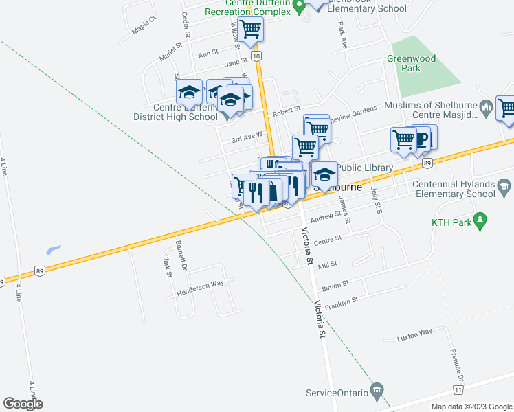 map of restaurants, bars, coffee shops, grocery stores, and more near 138 Main Street West in Shelburne