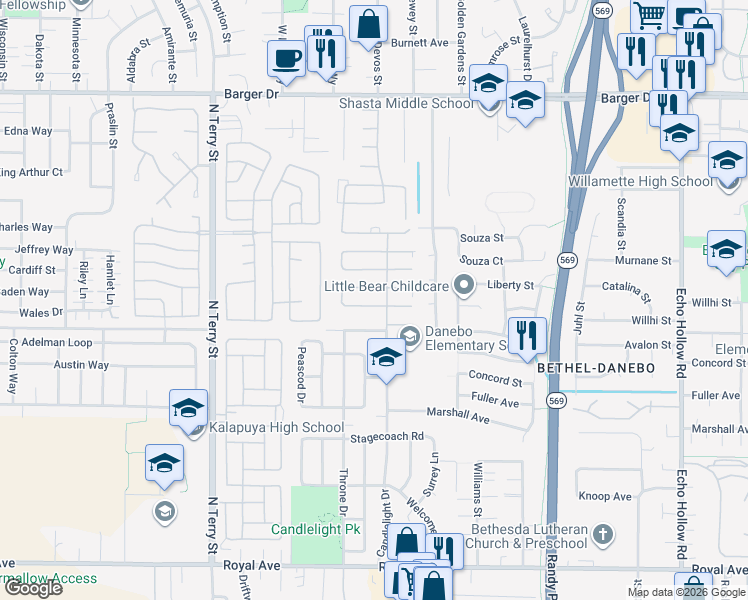 map of restaurants, bars, coffee shops, grocery stores, and more near 1400 Candlelight Drive in Eugene