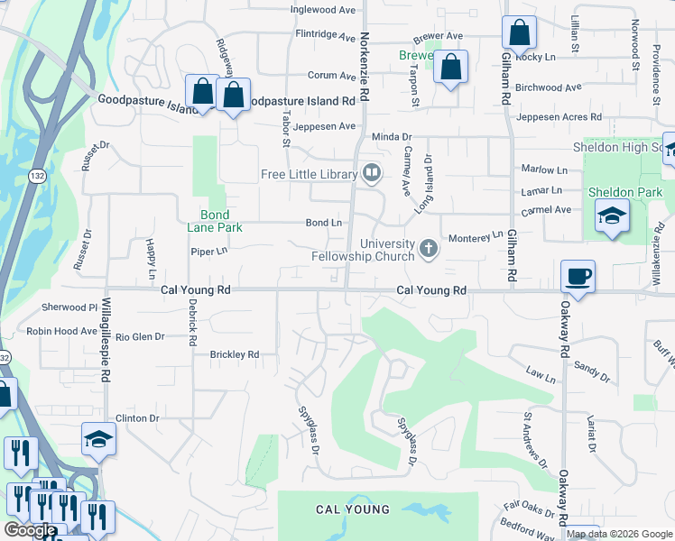 map of restaurants, bars, coffee shops, grocery stores, and more near 1595 Perdue Loop in Eugene
