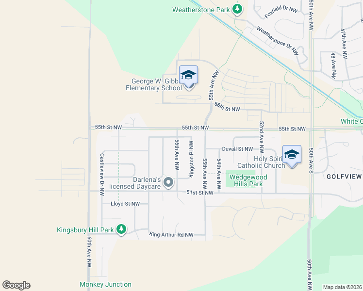 map of restaurants, bars, coffee shops, grocery stores, and more near 5555 Kingsbury Street Northwest in Rochester