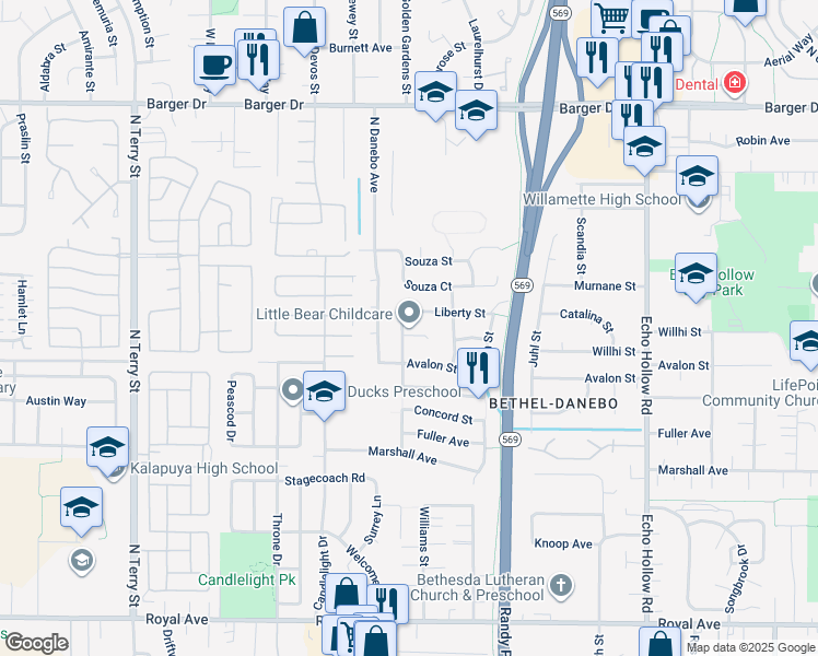 map of restaurants, bars, coffee shops, grocery stores, and more near 1551 Dola Street in Eugene