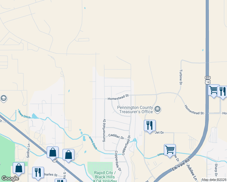 map of restaurants, bars, coffee shops, grocery stores, and more near 1021 Summerfield Drive in Rapid City