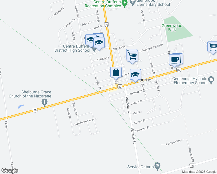 map of restaurants, bars, coffee shops, grocery stores, and more near 138 Main Street West in Shelburne