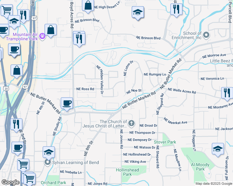 map of restaurants, bars, coffee shops, grocery stores, and more near 1128 Northeast Hidden Valley Drive in Bend