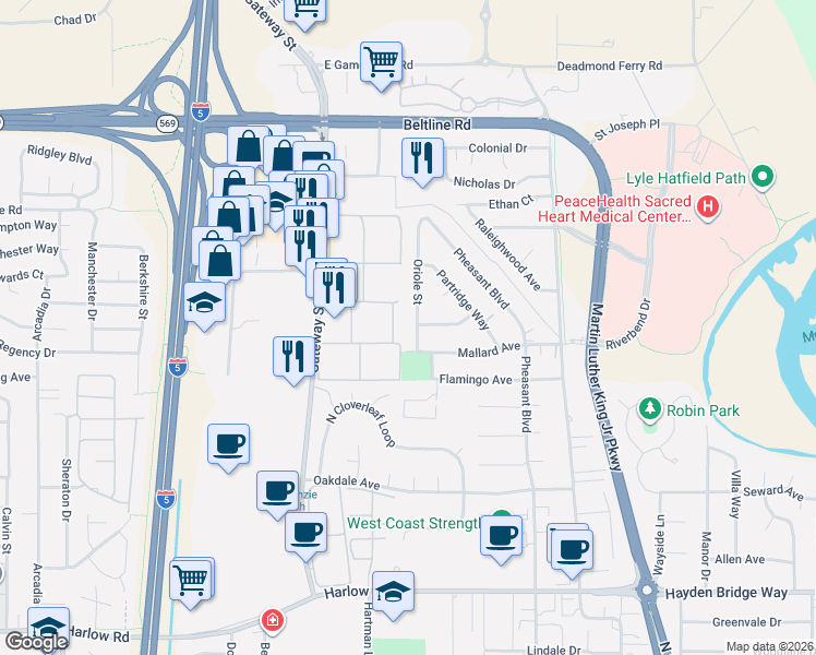 map of restaurants, bars, coffee shops, grocery stores, and more near 3130 Oriole Street in Springfield