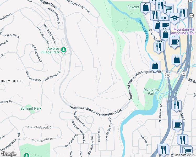 map of restaurants, bars, coffee shops, grocery stores, and more near 3385 NW 18th Pl in Bend