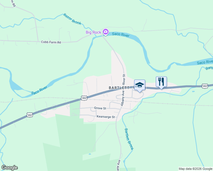 map of restaurants, bars, coffee shops, grocery stores, and more near 1366 U.S. 302 in Bartlett
