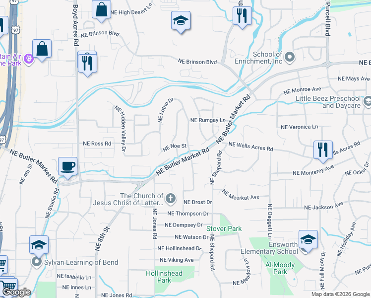 map of restaurants, bars, coffee shops, grocery stores, and more near 2806 Northeast Sandy Drive in Bend