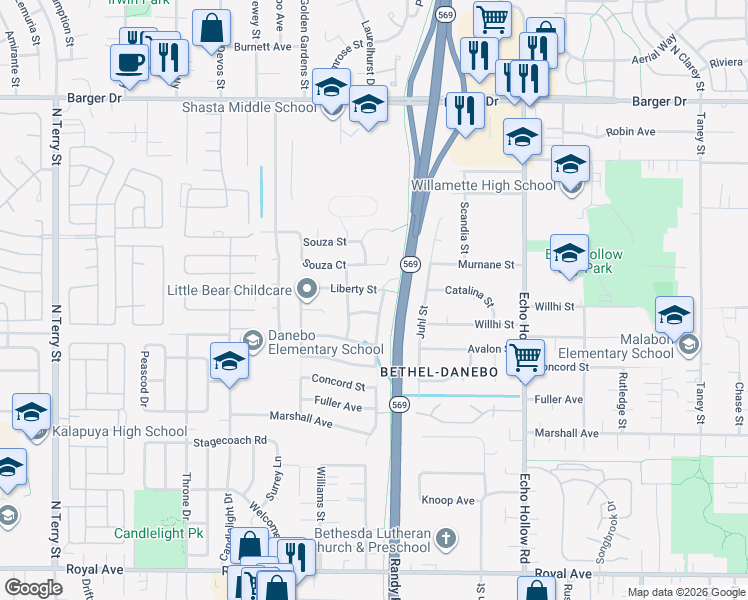 map of restaurants, bars, coffee shops, grocery stores, and more near 4525 Liberty Street in Eugene