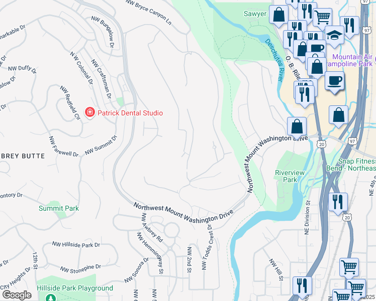 map of restaurants, bars, coffee shops, grocery stores, and more near 3385 NW 18th Pl in Bend