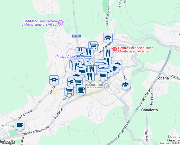 map of restaurants, bars, coffee shops, grocery stores, and more near 24A Via dell'Arancio in Carrara