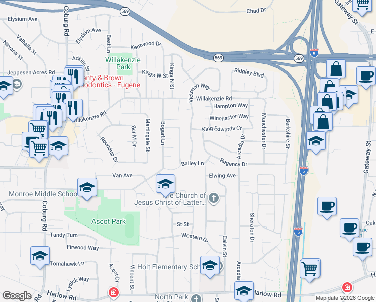 map of restaurants, bars, coffee shops, grocery stores, and more near 1364 Victorian Way in Eugene