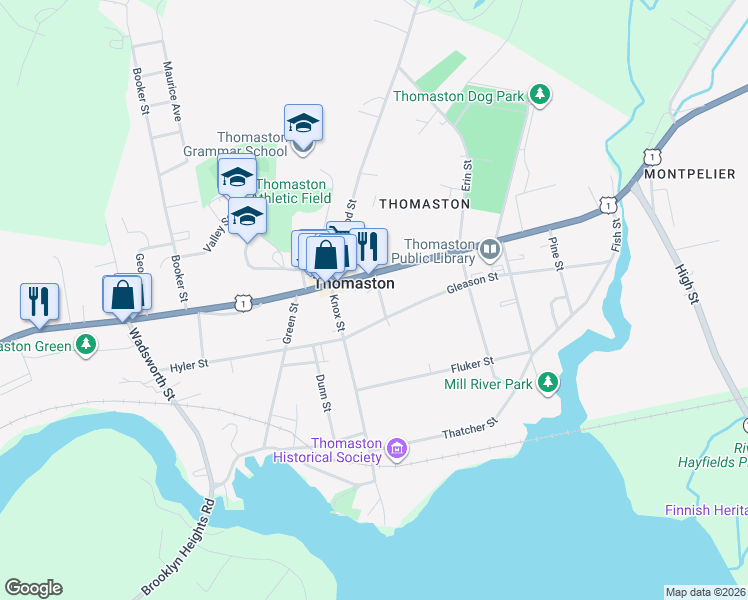 map of restaurants, bars, coffee shops, grocery stores, and more near 11 Gilchrest Street in Thomaston