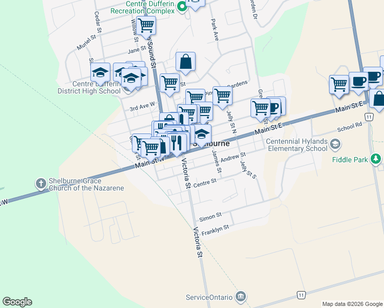 map of restaurants, bars, coffee shops, grocery stores, and more near 215 Main Street East in Horning's Mills