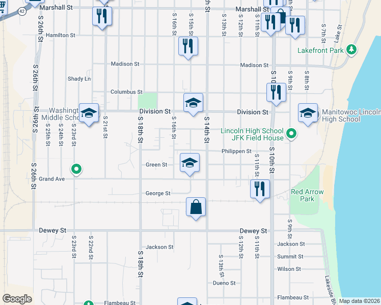 map of restaurants, bars, coffee shops, grocery stores, and more near 1719 South 15th Street in Manitowoc