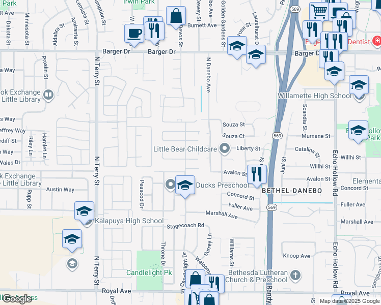 map of restaurants, bars, coffee shops, grocery stores, and more near 1400 Candlelight Drive in Eugene