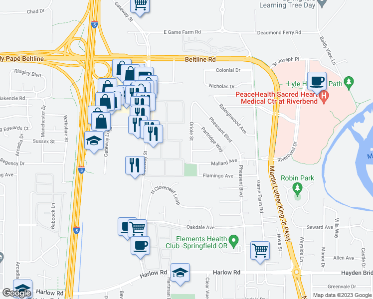 map of restaurants, bars, coffee shops, grocery stores, and more near 3140 Oriole Street in Springfield