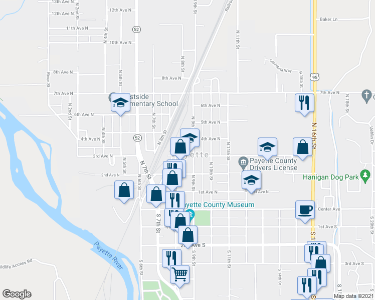 map of restaurants, bars, coffee shops, grocery stores, and more near 405 North 9th Street in Payette