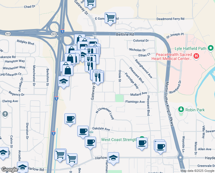 map of restaurants, bars, coffee shops, grocery stores, and more near 3255 Gateway Street in Springfield