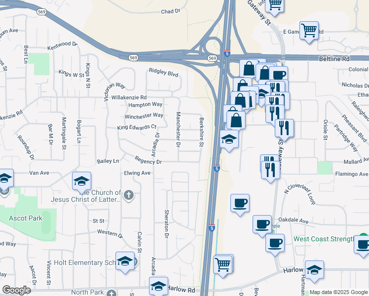 map of restaurants, bars, coffee shops, grocery stores, and more near 3577 Sussex Street in Eugene