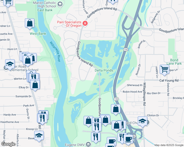 map of restaurants, bars, coffee shops, grocery stores, and more near 1421 Goodpasture Island Road in Eugene