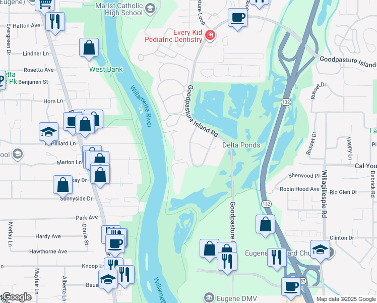map of restaurants, bars, coffee shops, grocery stores, and more near 600 Waterford Way in Eugene