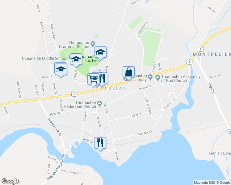 map of restaurants, bars, coffee shops, grocery stores, and more near 60 Main Street in Thomaston