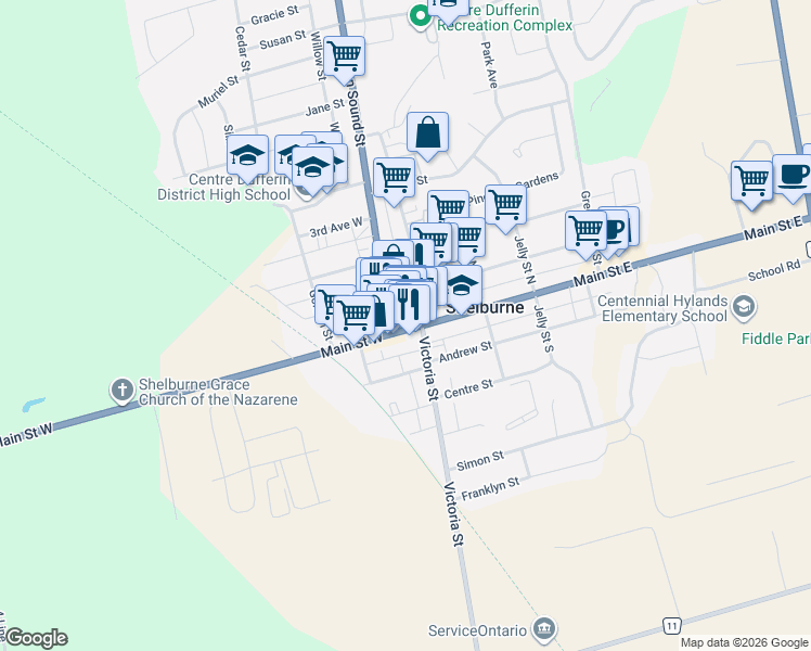 map of restaurants, bars, coffee shops, grocery stores, and more near 118 Main Street East in Shelburne