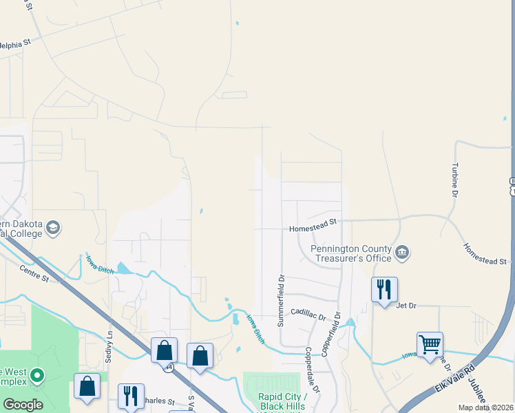 map of restaurants, bars, coffee shops, grocery stores, and more near 815 Summerfield Drive in Rapid City