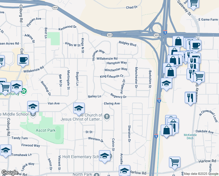 map of restaurants, bars, coffee shops, grocery stores, and more near 3354 King Edwards Court in Eugene
