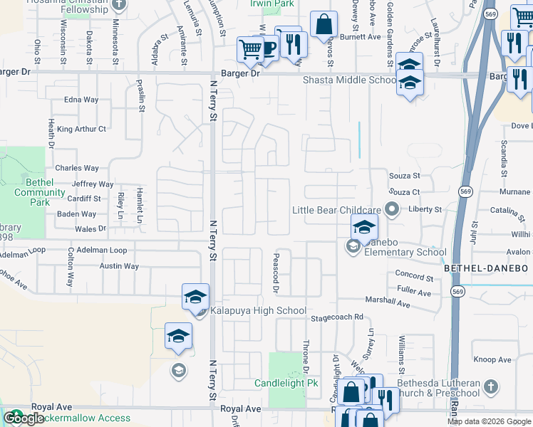 map of restaurants, bars, coffee shops, grocery stores, and more near Ponderasor Drive in Eugene