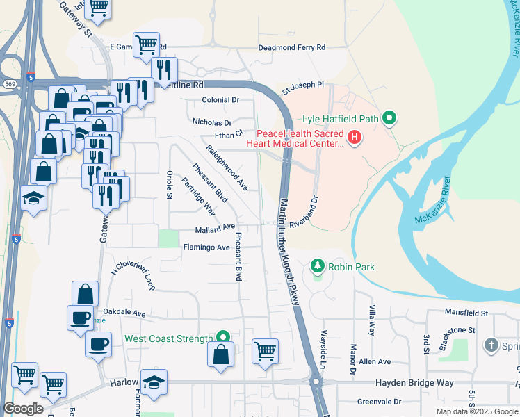 map of restaurants, bars, coffee shops, grocery stores, and more near Game Farm Road in Springfield