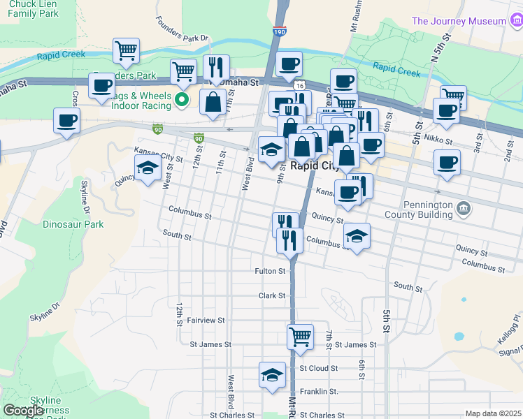 map of restaurants, bars, coffee shops, grocery stores, and more near 924 Quincy St in Rapid City