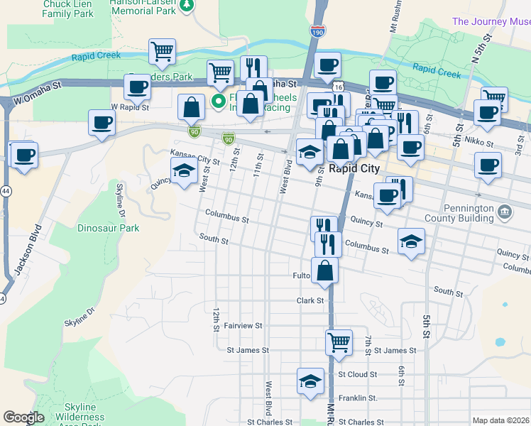 map of restaurants, bars, coffee shops, grocery stores, and more near 803 West Boulevard in Rapid City