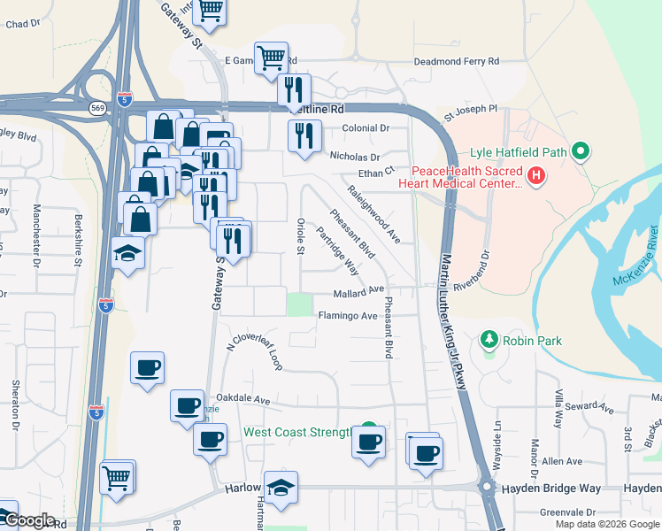 map of restaurants, bars, coffee shops, grocery stores, and more near 3175 Partridge Way in Springfield