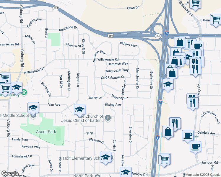 map of restaurants, bars, coffee shops, grocery stores, and more near 3354 King Edwards Court in Eugene
