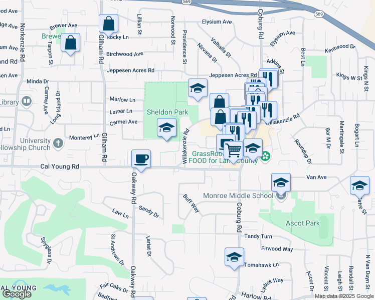 map of restaurants, bars, coffee shops, grocery stores, and more near 2434 Willakenzie Road in Eugene