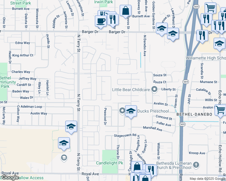 map of restaurants, bars, coffee shops, grocery stores, and more near Ponderasor Dr in Eugene